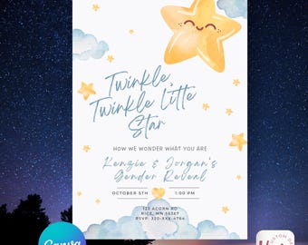 Twinkle Twinkle Little Star Gender Reveal Invitation | Canva Editable Invite | Blue & Pink Starry Theme