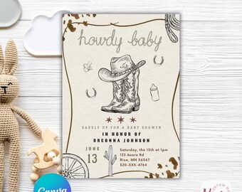 Western Cowboy Baby Shower Invitation Template (Canva)