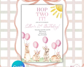 Hop Two It 2nd Birthday Invitation | Bunny Birthday Party Invite | Canva Editable