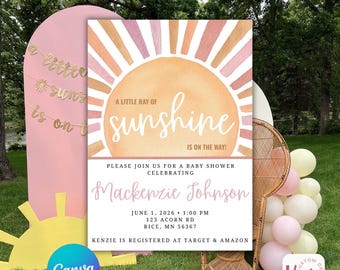 Sunshine Baby Shower Invitation | Baby Girl, Editable Canva (Digital Download)