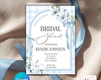 Blue Floral Bridal Shower Invitation | Editable Canva Template (Digital Download)