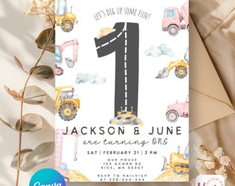 Construction Birthday Party Invite, Dig Up Some Fun, Canva Template