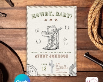Western Baby Shower Invitation, A Little Cowboy, Cowboy Boots, Hat, Canva Template