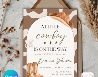 Little Cowboy Baby Shower Invitation, Editable Canva Template (Digital Download)