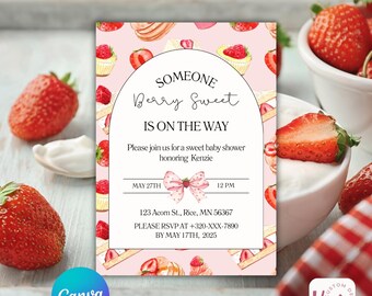 Someone Berry Sweet Baby Shower Invitation | Editable Strawberry Theme Invite | Canva Template