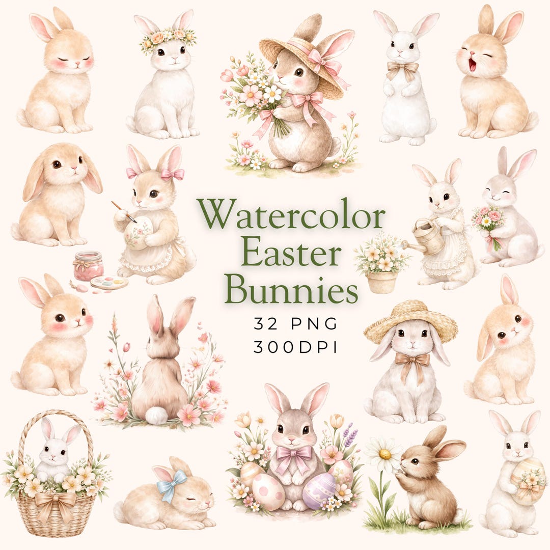 Watercolor Easter Bunnies Clipart, Spring Floral PNG (digital Download ...