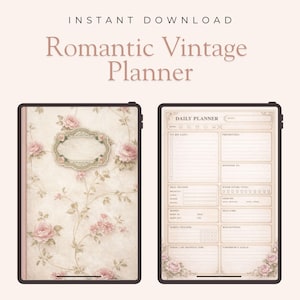 May include: A digital planner with a romantic vintage design. The cover features a floral pattern with pink roses and a decorative frame. The planner includes daily planning pages with sections for to-do lists, priorities, and reflections.