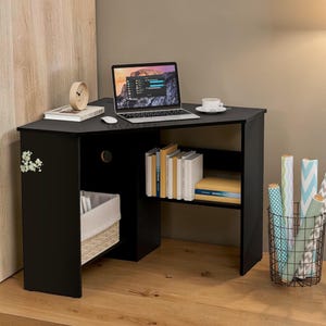 Corner Desk, Modern Triangle Computer Desk for Small Spaces, Home Office Workstation with Storage Shelves, Compact Gaming Table