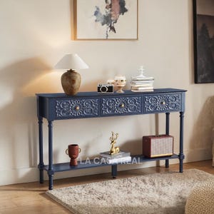 Carved Console Table 3 Drawers, 2 Tier Sofa Table Glossy Floral Surface, Solid Wood Legs, Mid Century Modern Entryway Hallway Table