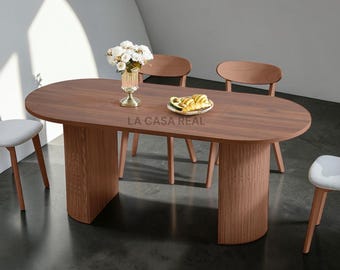 Oval Walnut Dining Table for 4-6, Modern Farmhouse Kitchen Dinner Table with Fluted Pedestal Base, Mid Century Round Wooden Dining Room