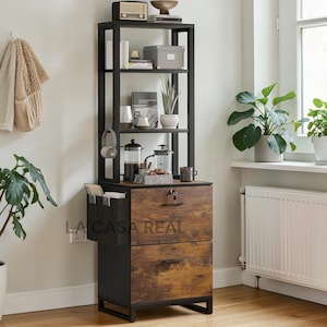 May include: A black and brown storage cabinet with open shelving and two drawers. The cabinet has a metal frame and a rustic wood grain finish. The top shelves display decorative items, including a radio, books, and plants. The text "LA CASA REAL" is visible on the cabinet.