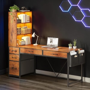 Computer Desk with 5 Drawers and Bookshelf, Reversible Home Office Desk with Storage Shelves and File Drawer | Modern Corner Gaming Table