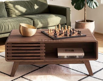 Dual Side Storage Coffee Table, Mid Century Modern Fluted Wood Coffee Table with 4 Compartments, Curved Edge Living Room Center Table