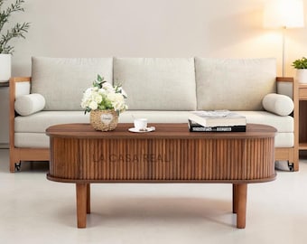 Fluted Lift Top Coffee Table Fully Assembled, Modern Oval Wood Center Table with Hidden Storage, Rising Tabletop for Living Room and Office