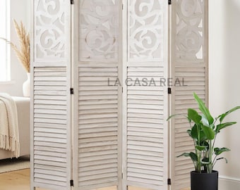 4 Panel Room Divider Wood Carved Folding Screen, Indoor Portable Partition Wall Divider, Home Office Garden Decor, 67x60 Inch Privacy Screen