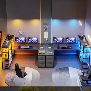 Gaming Desk with LED Lights, Reversible L Shaped Computer Desk with Power Outlet, Large Corner Desk with Storage Shelves and 3 Drawers