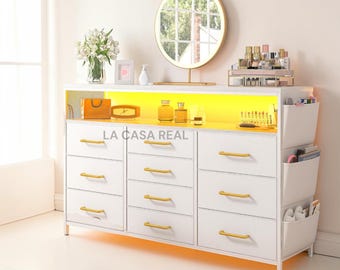 10 Drawer Dresser for Bedroom, 55 Inch TV Stand with LED Lights and Power Outlets, Large Storage Chest with Shelves and Hooks for Hallway