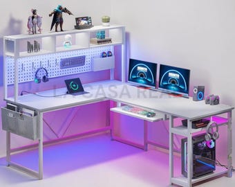 L Shaped Gaming Desk with LED Lights & Power Outlet, Reversible Computer Desk with Pegboard  Keyboard Tray, Modern Home Office Corner Desk