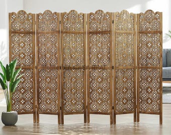 6 Panel Wood Carved Room Divider, 69 Inch Folding Privacy Screen for Home and Office, Decorative Wooden Partition for Restaurant & Patio