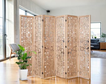 Folding Wood Room Divider, 6 Panel Daisy Carved Privacy Screen, Decorative Flower Room Partition for Home and Office
