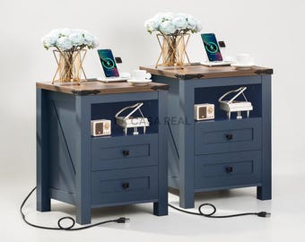 Set of 2 Farmhouse Nightstands with Charging Station, Wood Bedside Table with 2 Drawers & Open Shelf, Rustic Side Tables for Bedroom/Office