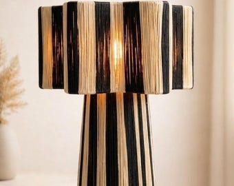 Raffia Table Lamp. Boho Black Beige Lamp. Handmade Woven Lamp. Modern Bedside Lamp. Home Decor Lighting