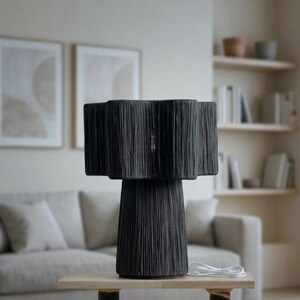Black Raffia Sculptural Lamp | Modern Minimalist Table Lamp | Japandi Wabi Sabi Decor | Designer Statement Lamp for Living Room or Bedroom image 8