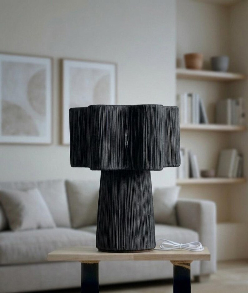 Black Raffia Sculptural Lamp | Modern Minimalist Table Lamp | Japandi Wabi Sabi Decor | Designer Statement Lamp for Living Room or Bedroom image 8