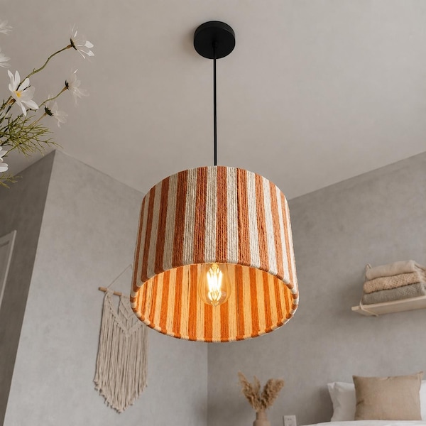 Boho-Hängeleuchte aus Bast, orange gestreifter Lampenschirm, handgefertigte Deckenleuchte, gemütliche Schlafzimmer- und Wohnzimmerdekoration