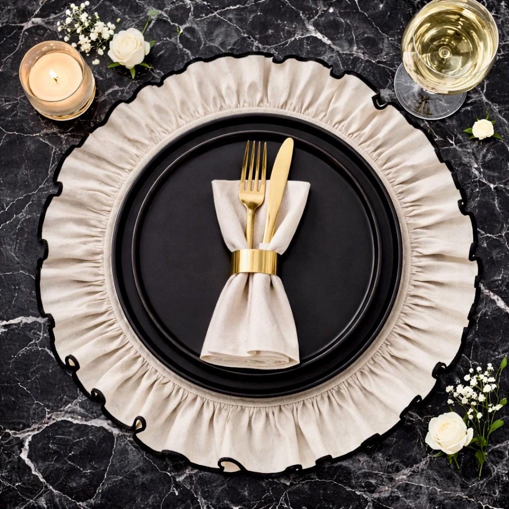 Linens In Table Setting Ruffled Linen Table Set | Elegant Cream - Black Dining Decor | Handmade ...