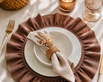 Ruffle Linen Placemats Set, Brown Cotton Table Decor, Washable Farmhouse Dining (Set of 6)