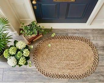 Tappeto ovale in juta tessuto a mano, zerbino naturale intrecciato per ingresso, arredamento boho-country.
