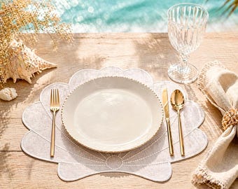 Placemats van schelplinnen | Ecru kusttafeldecor, vlekbestendig