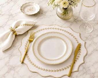 Embroidered Linen Placemats, Gold Leaf Detail, Luxury Table Decor