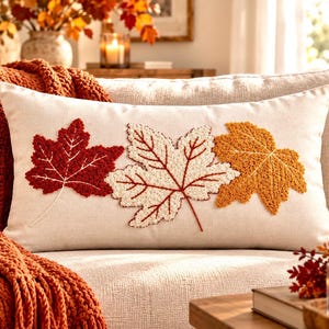 Ecru Suede Punch Embroidery Pillow Cover, Autumn Leaf Design, Neutral Home Decor
