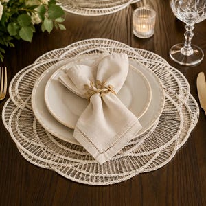 Handgemaakte ecru kanten placemats set van 6, gouden accenten, moderne boho tafeldecoratie