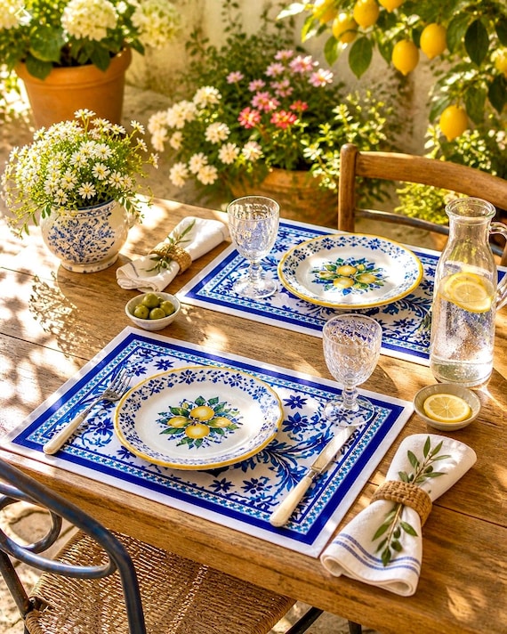 Zitronen Muster Tischsets Set, Blau Mediterrane Tischdekoration, Waschbarer Stoff (36 x 46 cm)