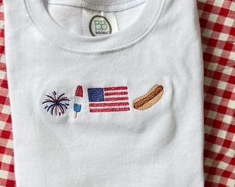 Camiseta infantil patriótica bordada | Camiseta com estampa de cachorro-quente e bandeira dos fogos de artifício do 4 de julho | Camiseta de verão americana | Camiseta vermelha, branca e azul para bebês e crianças
