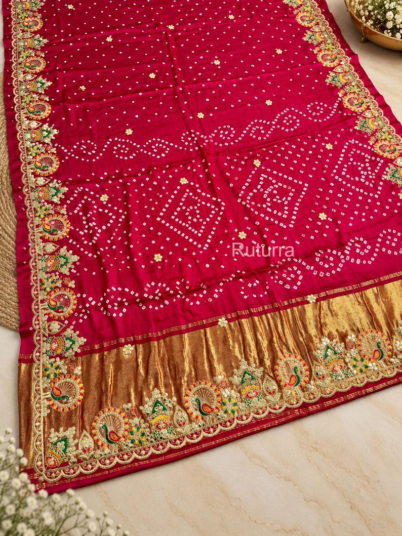 Gaji Silk Bandhani Saree, Hand Work Pallu, Traditional Indian Wedding ...