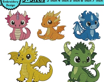 Diseños de bordado a máquina de dragón bebé, lindos diseños de bordado de dragón, bordado de dragón kawaii, patrón de cabeza de dragón, archivo PES, más de 5 tamaños, descargas
