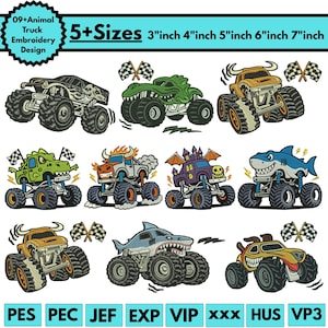 Könnte beinhalten: Neun Monster-Truck-Stickmuster-Designs mit Tier- und Themenmotiven. Die Trucks sind in verschiedenen Farben gehalten und zeigen einen Schädel, Alligator, Bullen, Dinosaurier, Fledermaus, Hai und Hund. Der Text zeigt Größen von 7,6 bis 17,8 cm an.