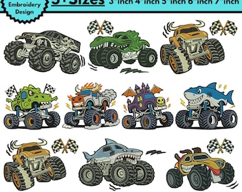 Animal Monster Truck Machine Embroidery Design Monster Truck Applique Cartoon Truck Embroidery T-REX Monsters Truck Pes File 5+Size Download