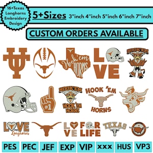 Könnte beinhalten: Eine Sammlung von Texas Longhorns Stickmustern mit rostorangen und weißen Grafiken, darunter Footballhelme, der Bundesstaat Texas, Maskottchen, Schaumstofffinger und Schriftzüge in den Größen 7,6, 10,2, 12,7, 15,2 und 17,8 cm.