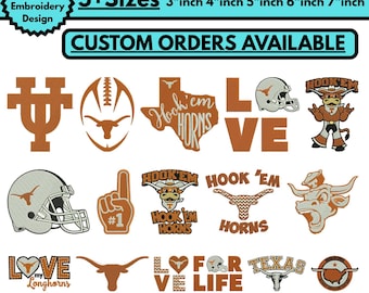 Diseños de bordado a máquina de los Texas Longhorns. Logotipos universitarios. Archivos PES para bordado. Más de 5 tamaños. Servicios de bordado de logotipos universitarios personalizados disponibles.