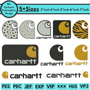 May include: A collection of Carhartt embroidery designs in various styles and colors, including a tiger stripe pattern and geometric shapes. The designs are available in 5+ sizes, ranging from 3 to 7 inches.