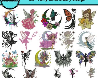Diseños de bordado a máquina de hadas Hada encantadora con bordado de flores Linda niña hada con alas Bordado de hadas mágicas Archivos Pes Descargas