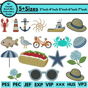 May include: A collection of coastal-themed embroidery designs, including a lobster, lighthouse, anchor, boat, and seashell. The designs are in various sizes, from 3 to 7 inches. The text reads "Coastal Beach Mini Embroidery Design."