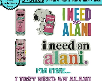 Diseños de bordado a máquina Alani: Bordado de bebida energética, bordado floral de lata de refresco, bordado de Snoopy Alani, patrón de bordado Pes, archivo 5+ tamaños, descarga