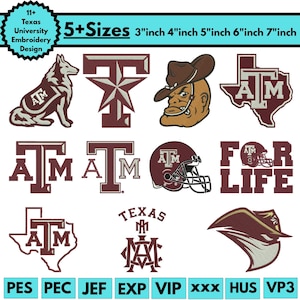 May include: A collection of Texas A&M University embroidery designs. The designs include a wolf, a star, a mascot, and various logos with the letters "ATM". The image also includes the text "5+ Sizes" and size measurements in inches.