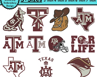 Diseños de bordado a máquina Aggie Spirit, bordado de fútbol americano universitario, patrón de mascota deportiva, bordado de Texas, bordado de equipo deportivo, Pes 5+ tamaños